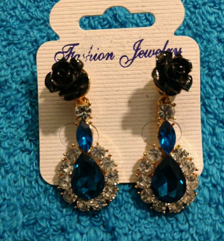 Black Rose Blue Crystal Dangle Earrings
